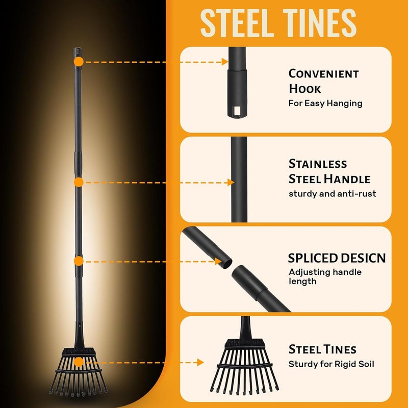 ABtool Small Rakes for Garden Beds,11 Tines Heavy Duty Metal Yard Hand Rake with 63in Adjustable Handle,Ideal Gardening Rakes for Gathering Leaves,Shrub,Dog Poop,Garden Flower Beds - Image 3